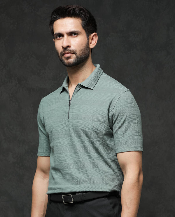 Rare Rabbit Mens Clion Dusky Green Short Sleeve Jacquard Polo T-Shirt