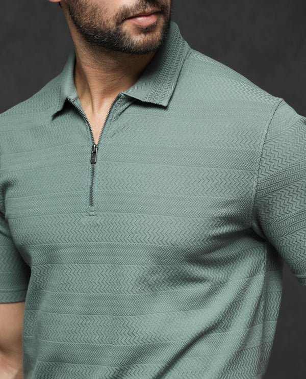 Rare Rabbit Mens Clion Dusky Green Short Sleeve Jacquard Polo T-Shirt