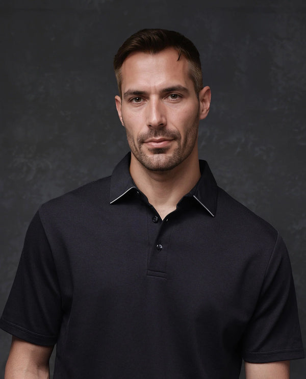 Rare Rabbit Men Clive Black Cotton Lycra Fabric Short Sleeve Regular Fit Plain Polo