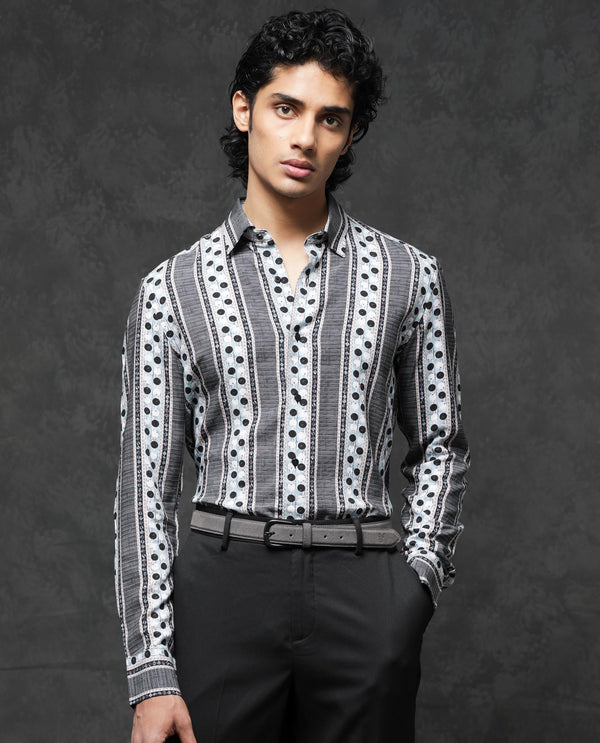Rare Rabbit Mens Clortan Black Full Sleeve Geometric Printed Shirt