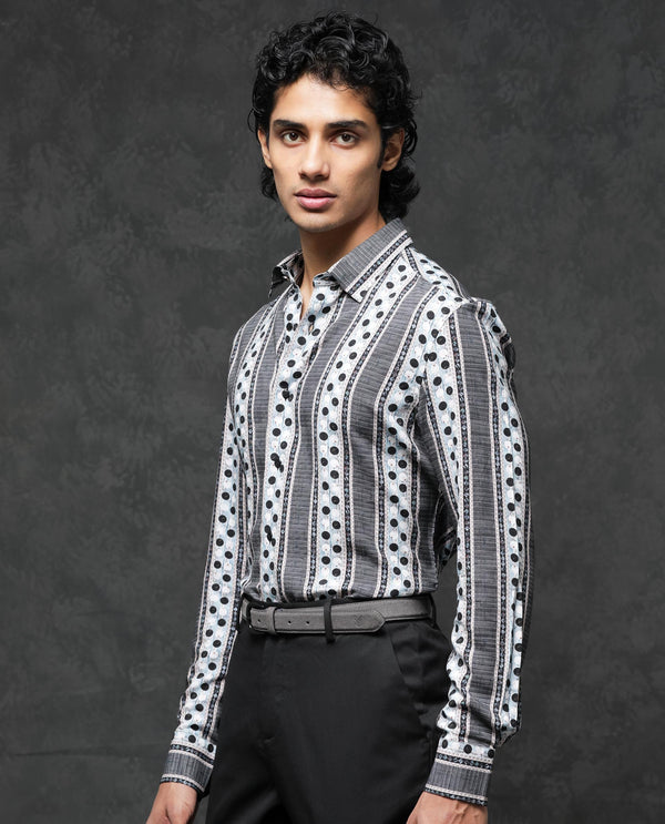 Rare Rabbit Mens Clortan Black Full Sleeve Geometric Printed Shirt