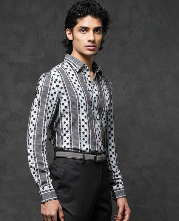 Rare Rabbit Mens Clortan Black Full Sleeve Geometric Printed Shirt