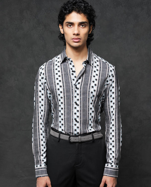 Rare Rabbit Mens Clortan Black Full Sleeve Geometric Printed Shirt