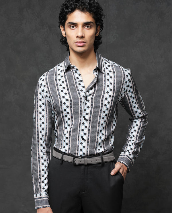Rare Rabbit Mens Clortan Black Full Sleeve Geometric Printed Shirt