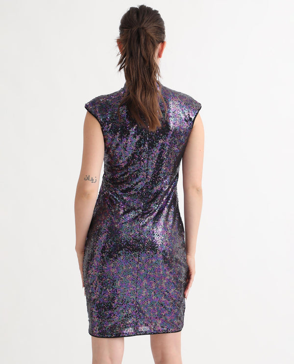 Rareism Women's Clory Sheen Multi Polyester Fabric High Neck Zipper Closure Extended Sleeve Sequined  Mini Dress