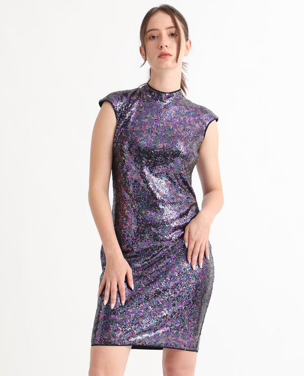 Rareism Women's Clory Sheen Multi Polyester Fabric High Neck Zipper Closure Extended Sleeve Sequined  Mini Dress