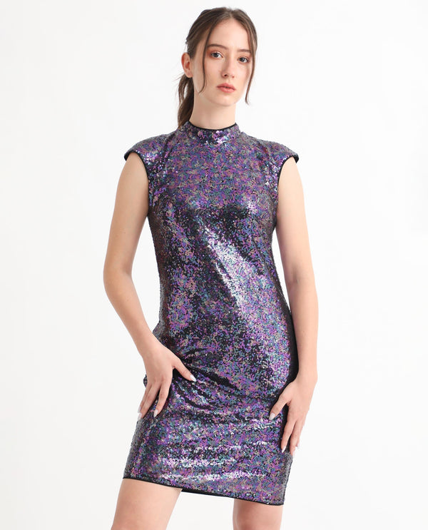 Rareism Women's Clory Sheen Multi Polyester Fabric High Neck Zipper Closure Extended Sleeve Sequined  Mini Dress