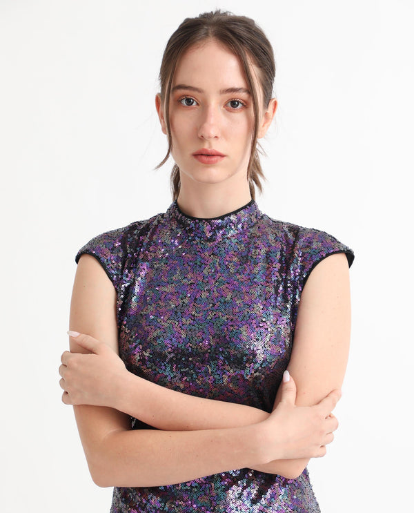 Rareism Women's Clory Sheen Multi Polyester Fabric High Neck Zipper Closure Extended Sleeve Sequined  Mini Dress
