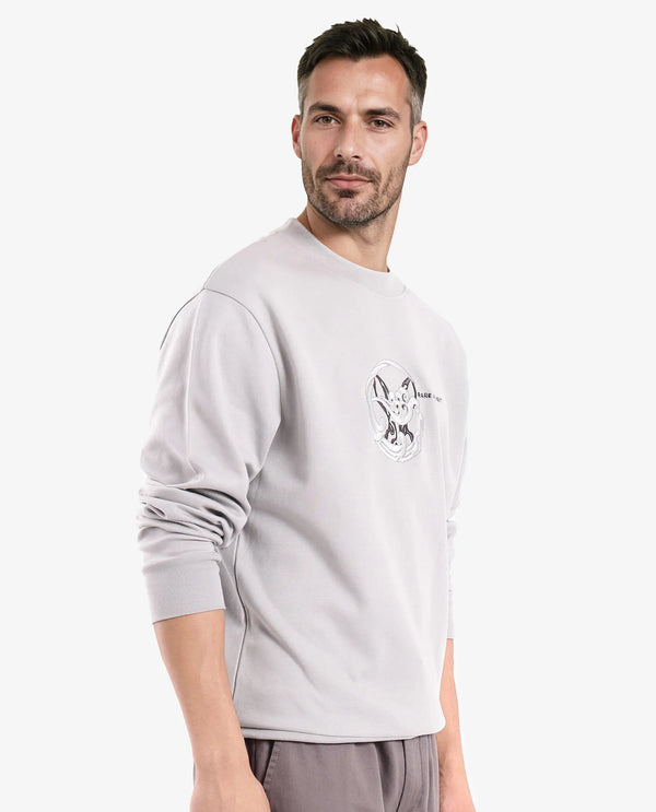 Rare Rabbit Men Clos Light Grey Cotton Fabric Full Sleeve Crew Neck Embroidered Logo Sweatshirt
