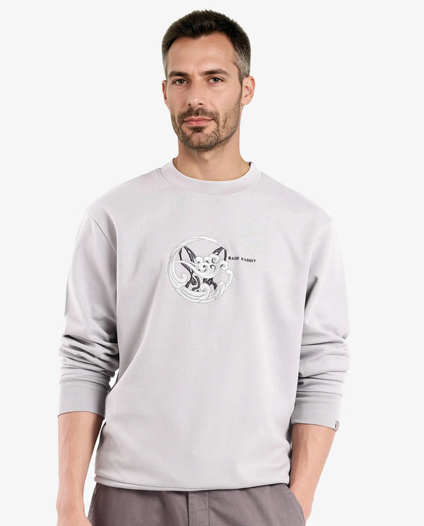Rare Rabbit Men Clos Light Grey Cotton Fabric Full Sleeve Crew Neck Embroidered Logo Sweatshirt
