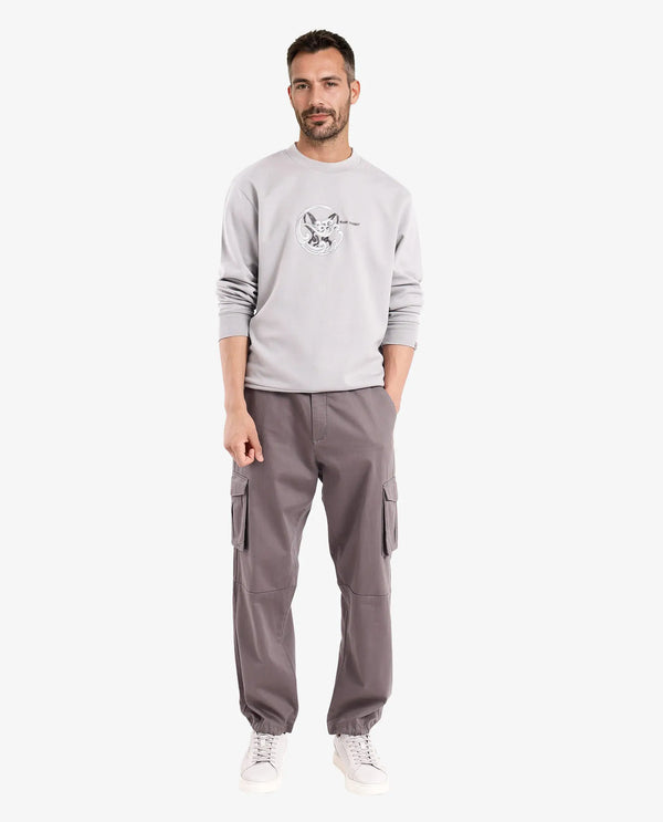 Rare Rabbit Men Clos Light Grey Cotton Fabric Full Sleeve Crew Neck Embroidered Logo Sweatshirt