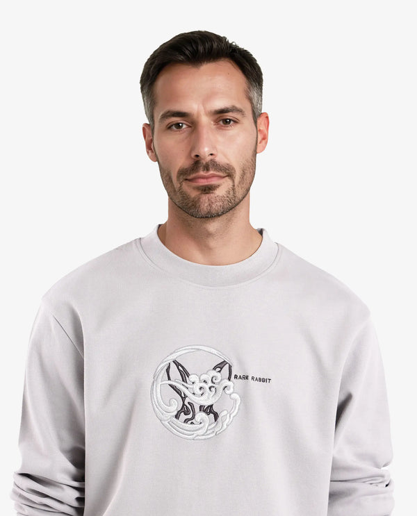 Rare Rabbit Men Clos Light Grey Cotton Fabric Full Sleeve Crew Neck Embroidered Logo Sweatshirt