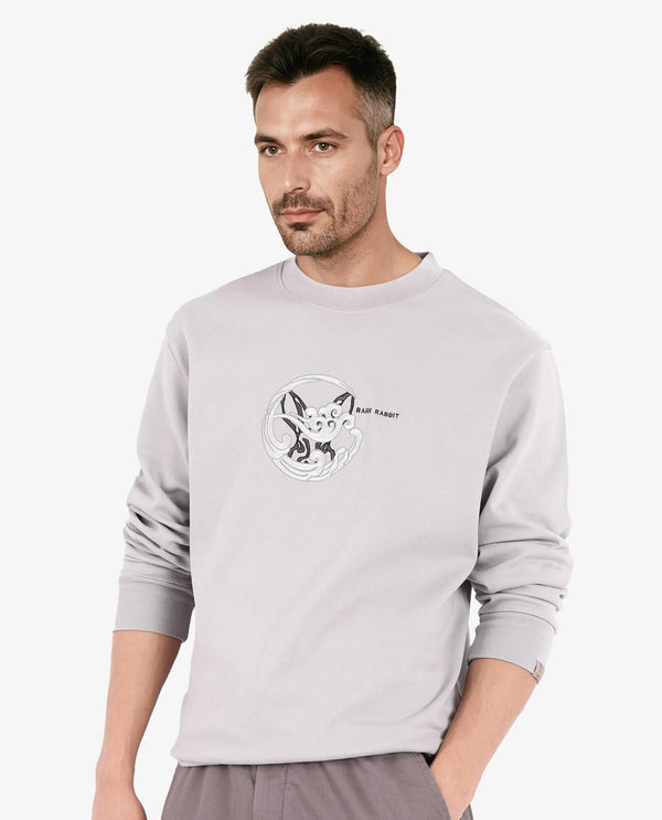 Rare Rabbit Men Clos Light Grey Cotton Fabric Full Sleeve Crew Neck Embroidered Logo Sweatshirt