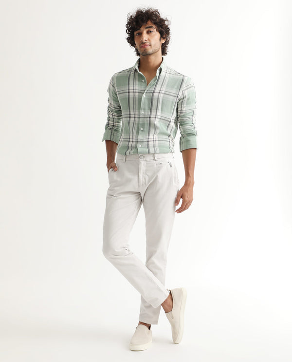 Rare Rabbit Men's Clovet Beige Solid Stretch Mid-Rise Regular Fit Trouser