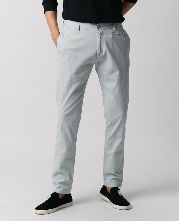Rare Rabbit Men's Clovet Light Blue Solid Stretch Mid-Rise Regular Fit Trouser