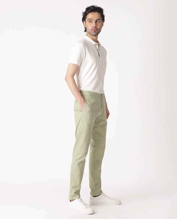 Rare Rabbit Men's Clovet Pastel Green Solid Stretch Mid-Rise Regular Fit Trouser