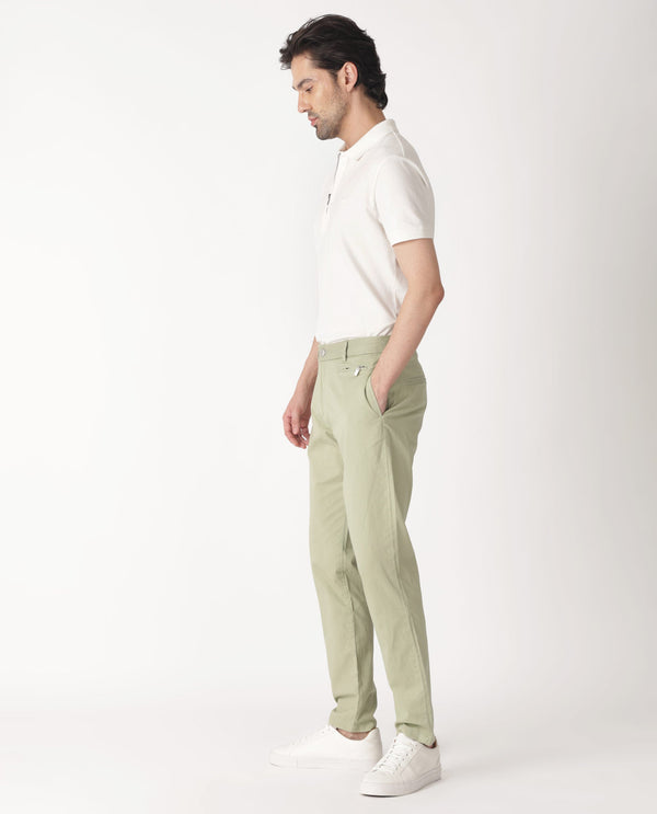 Rare Rabbit Men's Clovet Pastel Green Solid Stretch Mid-Rise Regular Fit Trouser