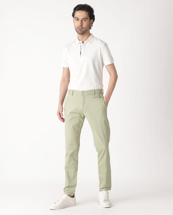 Rare Rabbit Men's Clovet Pastel Green Solid Stretch Mid-Rise Regular Fit Trouser