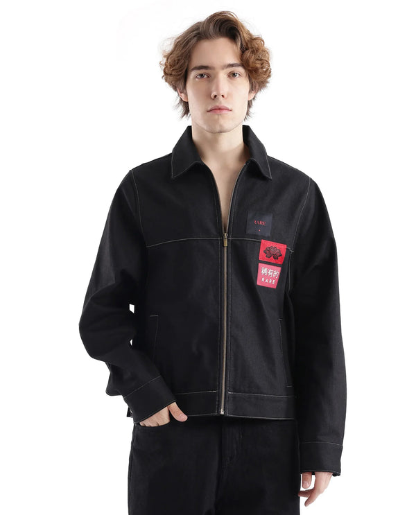 Rare Rabbit Men Clovix Black Cotton Fabric Full Sleeve Spread Collar Label Detailed Zipper Closure Jacket