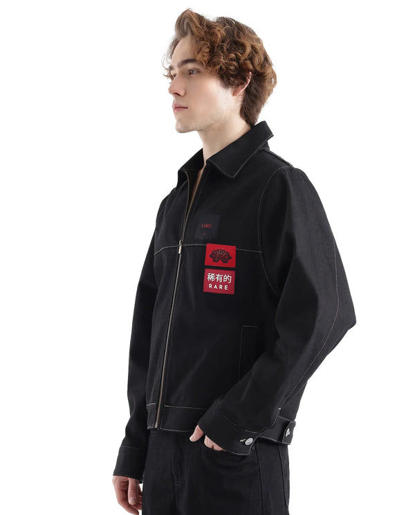Rare Rabbit Men Clovix Black Cotton Fabric Full Sleeve Spread Collar Label Detailed Zipper Closure Jacket
