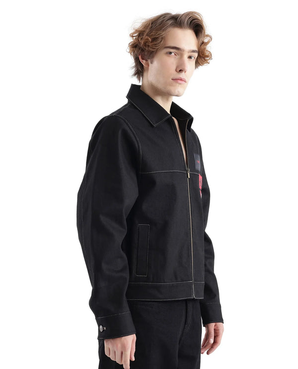 Rare Rabbit Men Clovix Black Cotton Fabric Full Sleeve Spread Collar Label Detailed Zipper Closure Jacket
