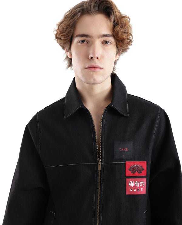 Rare Rabbit Men Clovix Black Cotton Fabric Full Sleeve Spread Collar Label Detailed Zipper Closure Jacket