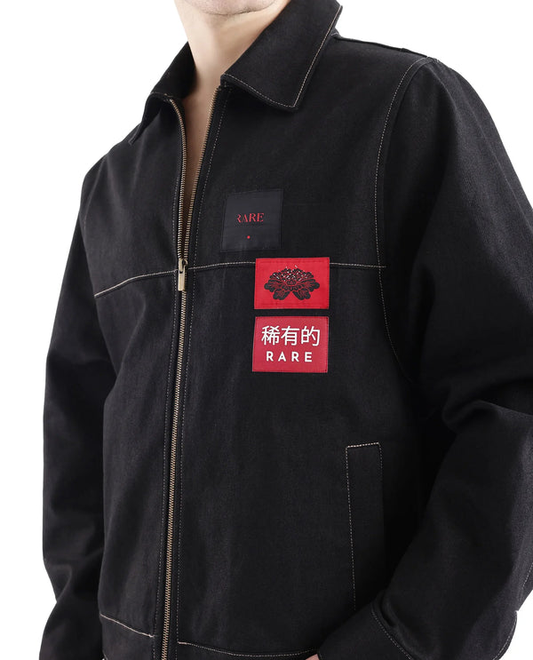Rare Rabbit Men Clovix Black Cotton Fabric Full Sleeve Spread Collar Label Detailed Zipper Closure Jacket