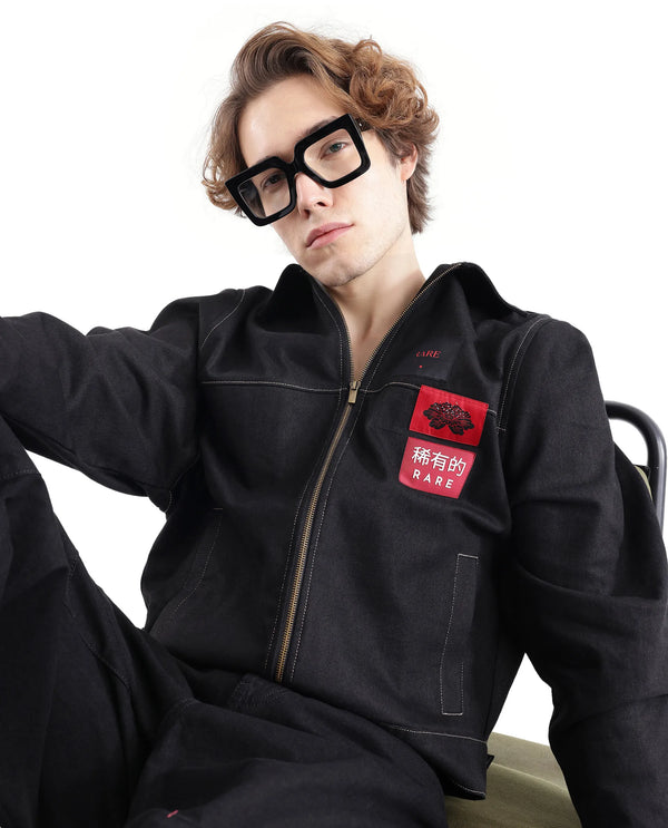 Rare Rabbit Men Clovix Black Cotton Fabric Full Sleeve Spread Collar Label Detailed Zipper Closure Jacket