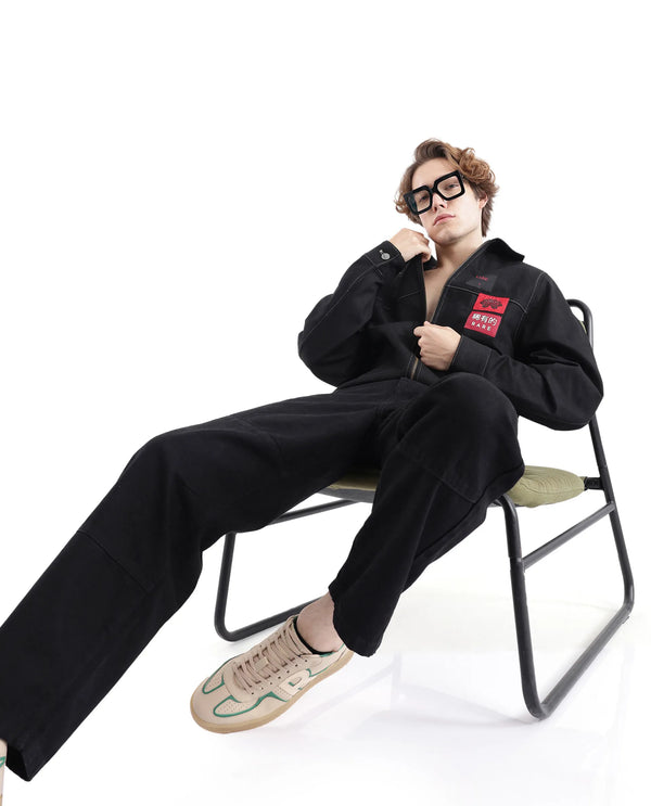 Rare Rabbit Men Clovix Black Cotton Fabric Full Sleeve Spread Collar Label Detailed Zipper Closure Jacket
