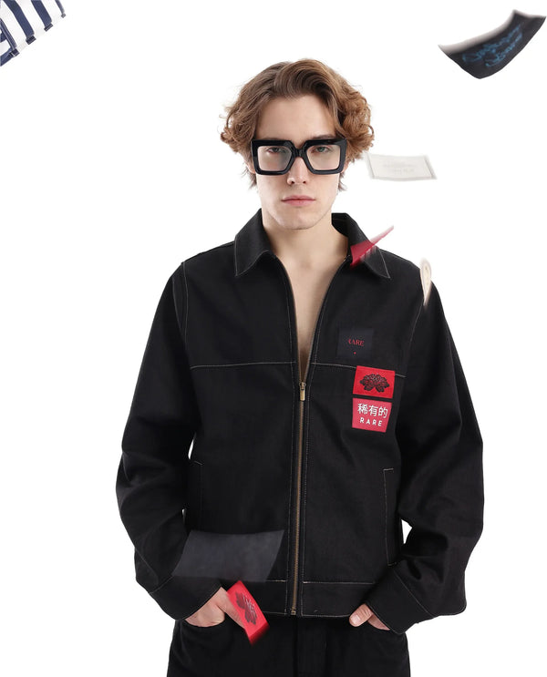 Rare Rabbit Men Clovix Black Cotton Fabric Full Sleeve Spread Collar Label Detailed Zipper Closure Jacket
