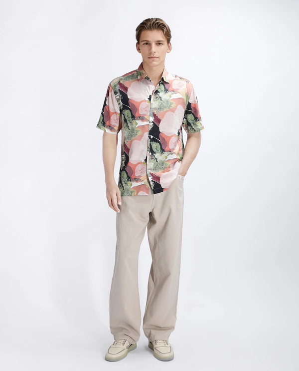 Rare Rabbit Men Clow Pastel Peach Viscose Fabric Half Sleeve Spread Collar Button Closure Abstract Print Shirt