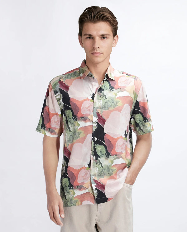 Rare Rabbit Men Clow Pastel Peach Viscose Fabric Half Sleeve Spread Collar Button Closure Abstract Print Shirt