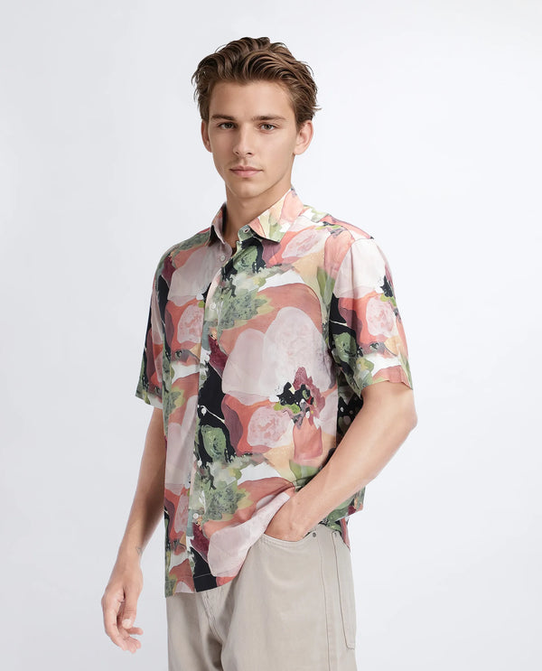 Rare Rabbit Men Clow Pastel Peach Viscose Fabric Half Sleeve Spread Collar Button Closure Abstract Print Shirt