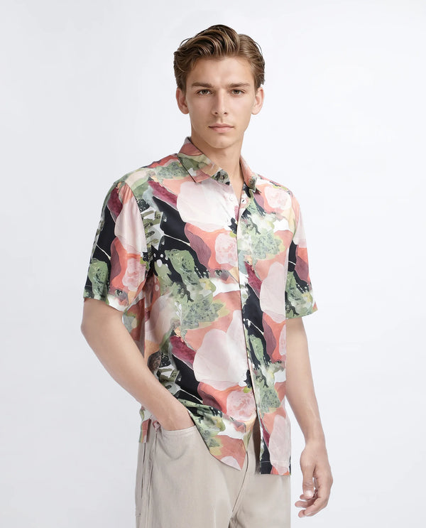 Rare Rabbit Men Clow Pastel Peach Viscose Fabric Half Sleeve Spread Collar Button Closure Abstract Print Shirt