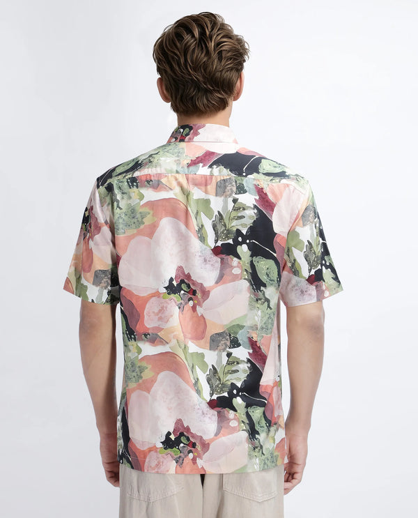 Rare Rabbit Men Clow Pastel Peach Viscose Fabric Half Sleeve Spread Collar Button Closure Abstract Print Shirt