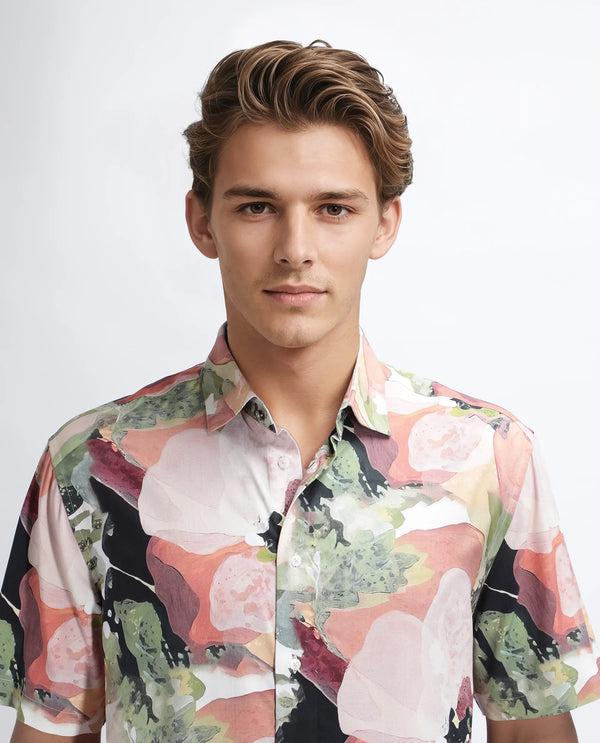 Rare Rabbit Men Clow Pastel Peach Viscose Fabric Half Sleeve Spread Collar Button Closure Abstract Print Shirt