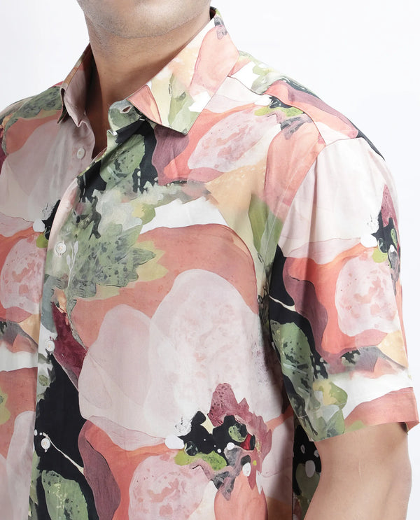 Rare Rabbit Men Clow Pastel Peach Viscose Fabric Half Sleeve Spread Collar Button Closure Abstract Print Shirt