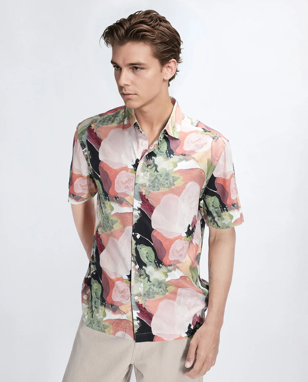 Rare Rabbit Men Clow Pastel Peach Viscose Fabric Half Sleeve Spread Collar Button Closure Abstract Print Shirt