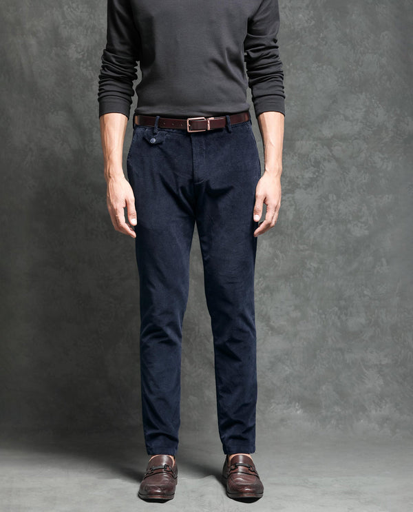 Rare Rabbit Men's Cloy Navy Solid Mid-Rise Regular Fit Velvet Trousers