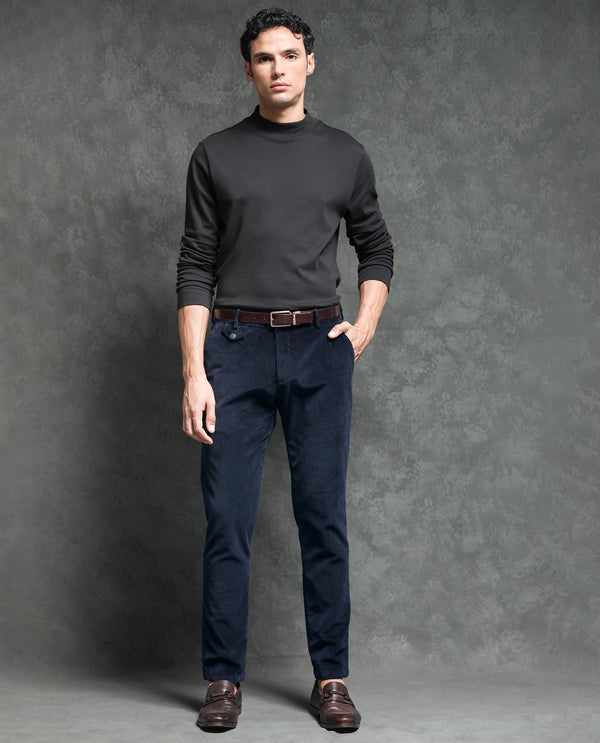 Rare Rabbit Men's Cloy Navy Solid Mid-Rise Regular Fit Velvet Trousers