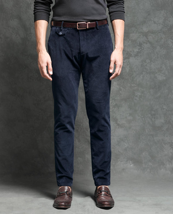 Rare Rabbit Men's Cloy Navy Solid Mid-Rise Regular Fit Velvet Trousers