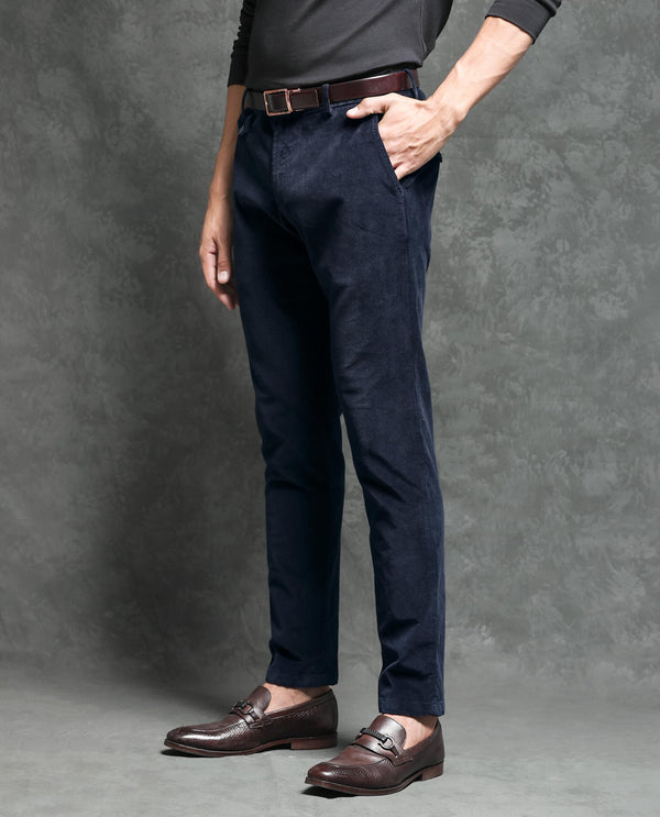 Rare Rabbit Men's Cloy Navy Solid Mid-Rise Regular Fit Velvet Trousers