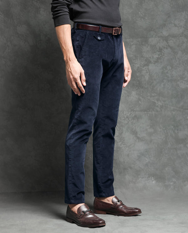 Rare Rabbit Men's Cloy Navy Solid Mid-Rise Regular Fit Velvet Trousers