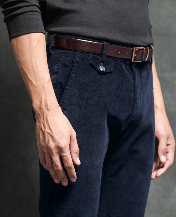 Rare Rabbit Men's Cloy Navy Solid Mid-Rise Regular Fit Velvet Trousers