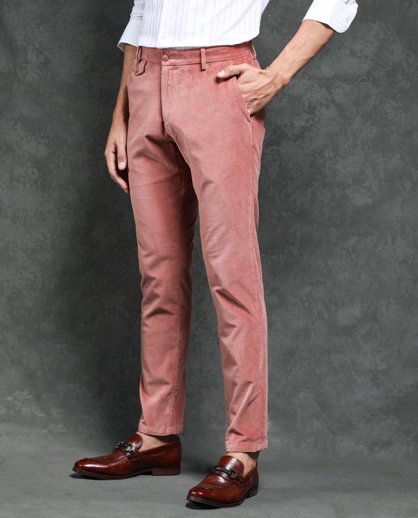 Rare Rabbit Men's Cloy Pink Solid Mid-Rise Regular Fit Velvet Trousers