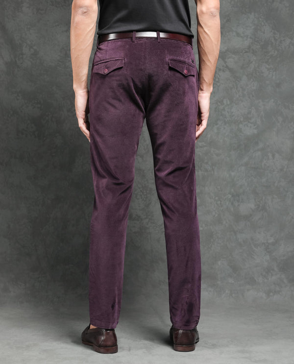 Rare Rabbit Men's Cloy Purple Solid Mid-Rise Regular Fit Velvet Trousers