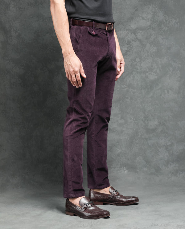 Rare Rabbit Men's Cloy Purple Solid Mid-Rise Regular Fit Velvet Trousers