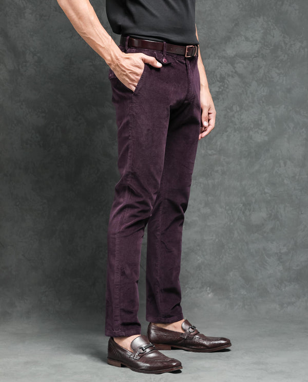 Rare Rabbit Men's Cloy Purple Solid Mid-Rise Regular Fit Velvet Trousers