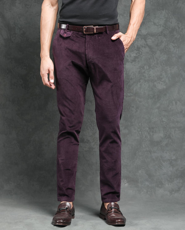 Rare Rabbit Men's Cloy Purple Solid Mid-Rise Regular Fit Velvet Trousers