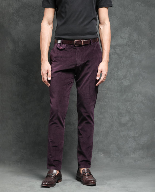 Rare Rabbit Men's Cloy Purple Solid Mid-Rise Regular Fit Velvet Trousers
